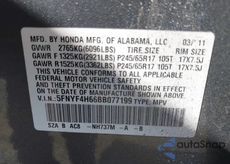 2011 Honda Pilot Ex-L из США, поврежденный, VIN 5FNYF4H66BB077199